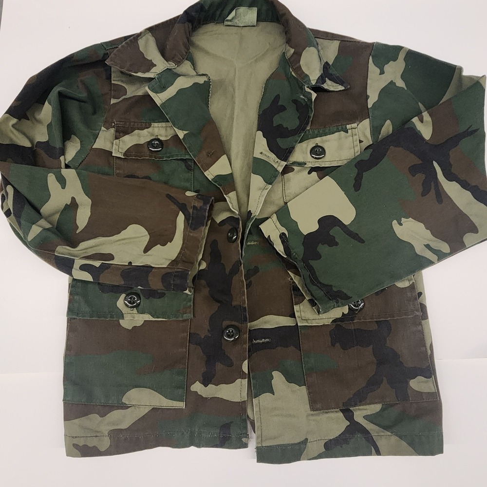 Vintage Camo Military Field Jacket Button Down Outdoors Utility‎ Coat kids 8/10